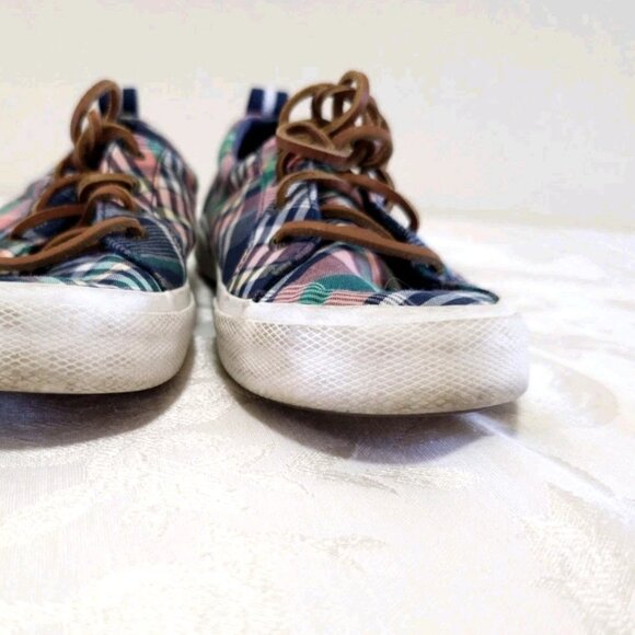 Women SPERRY Canvas Boat Loafers Flats Shoes 6 Plaid Navy Blue Coral Leather Tie - Picture 7 of 12